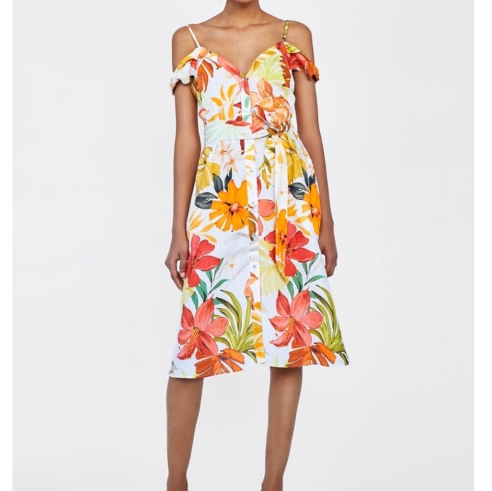 Zara FLORAL LINEN DRESS